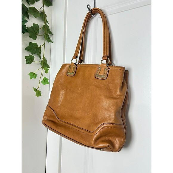 MICHAEL KORS CARAMEL TAN LEATHER SATCHEL HANDBAG. - Picture 6 of 12